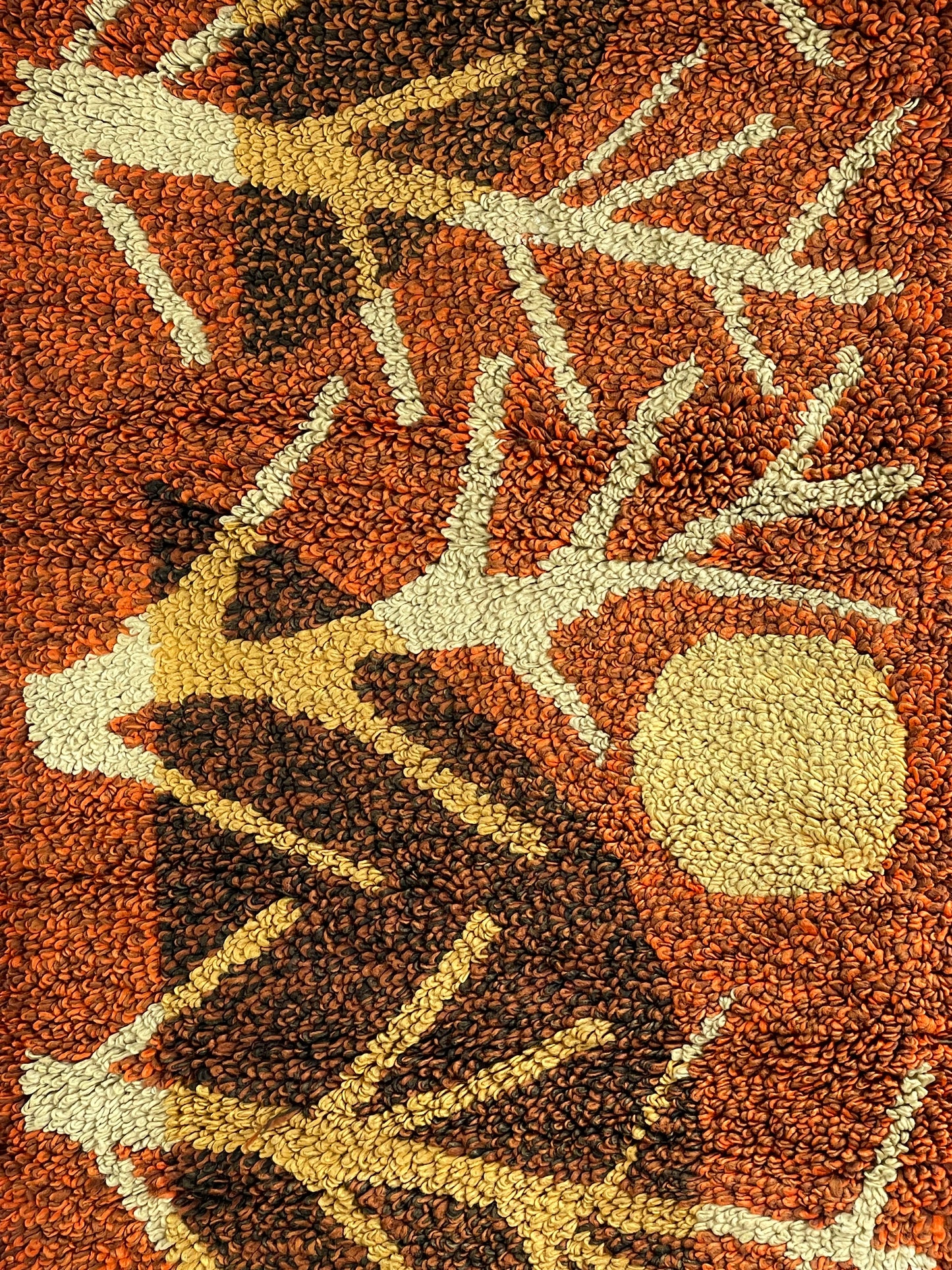 Warm vintage "Landscape with Trees" wall carpet in orange/brown/rusty shades