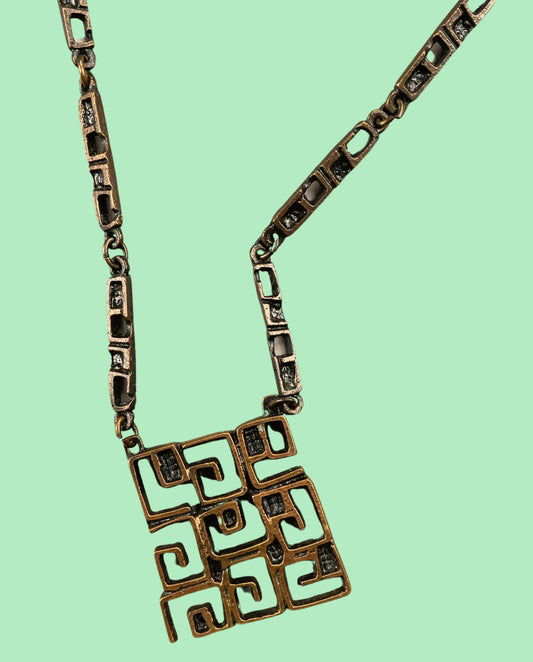 Red copper "Maze" abstract geometric pendant with chain