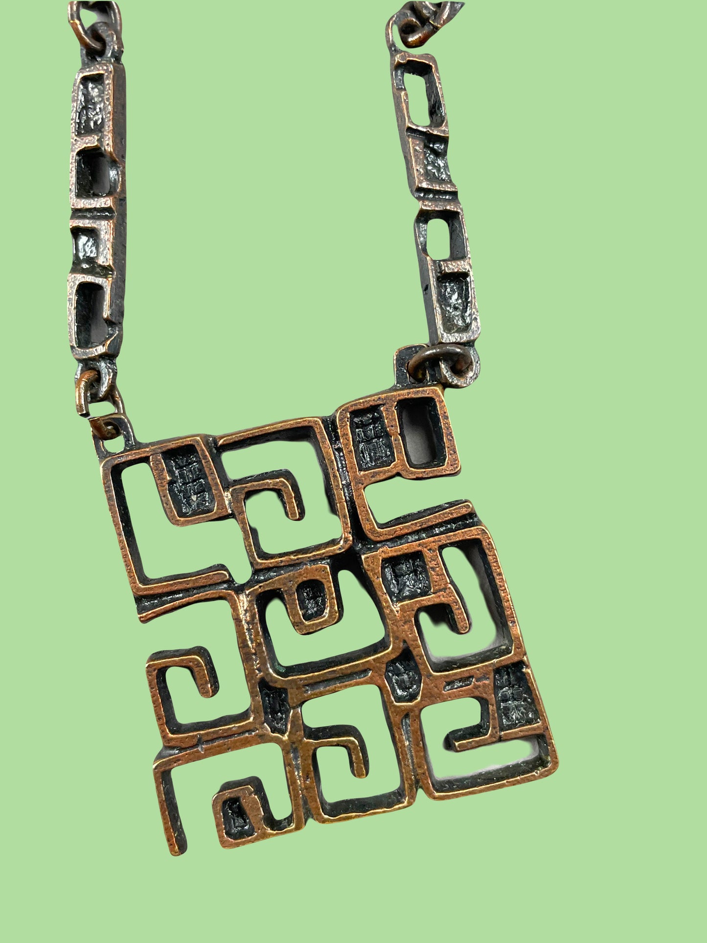 Red copper "Maze" abstract geometric pendant with chain