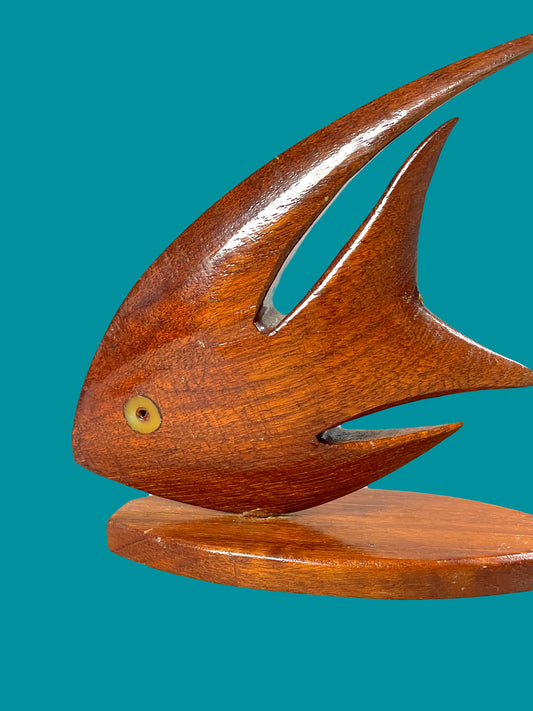 "Long Tail" lacquered dark wooden fish sculpture