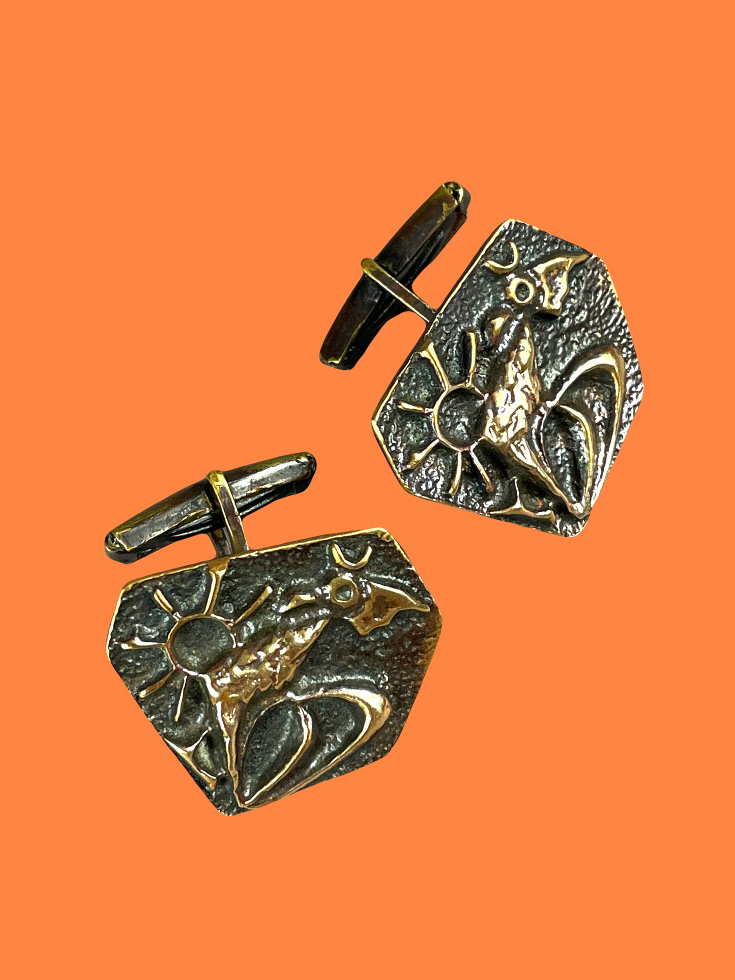 "Rooster with Sun" red copper cufflink