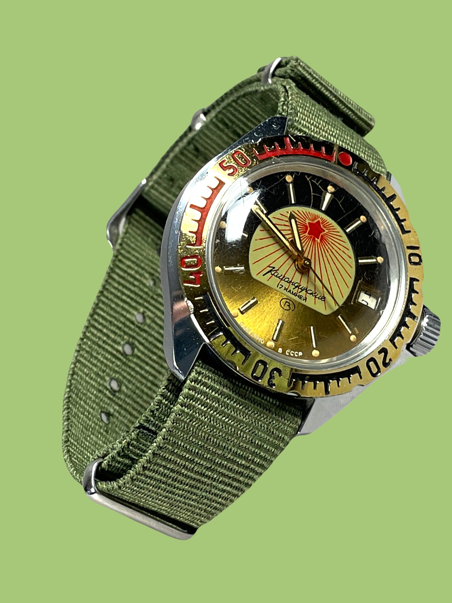 Mechanical watch with avocado green straps