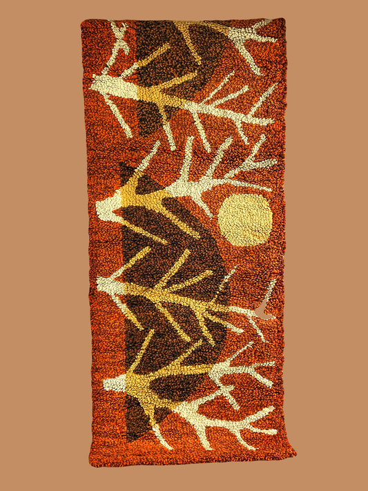 Warm vintage "Landscape with Trees" wall carpet in orange/brown/rusty shades