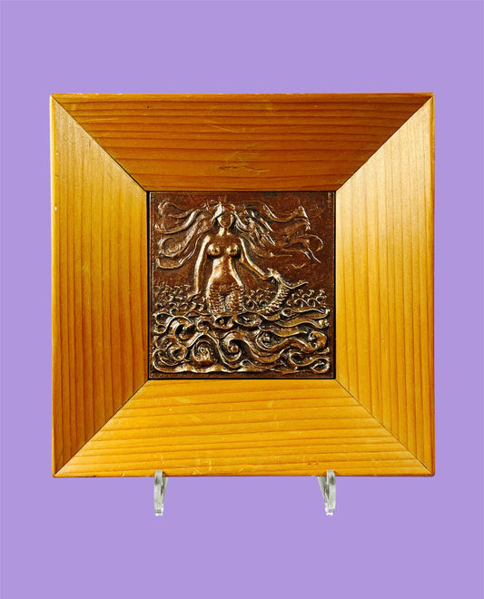 "Mermaid" Red Copper Wall Plaque With Wooden Frame