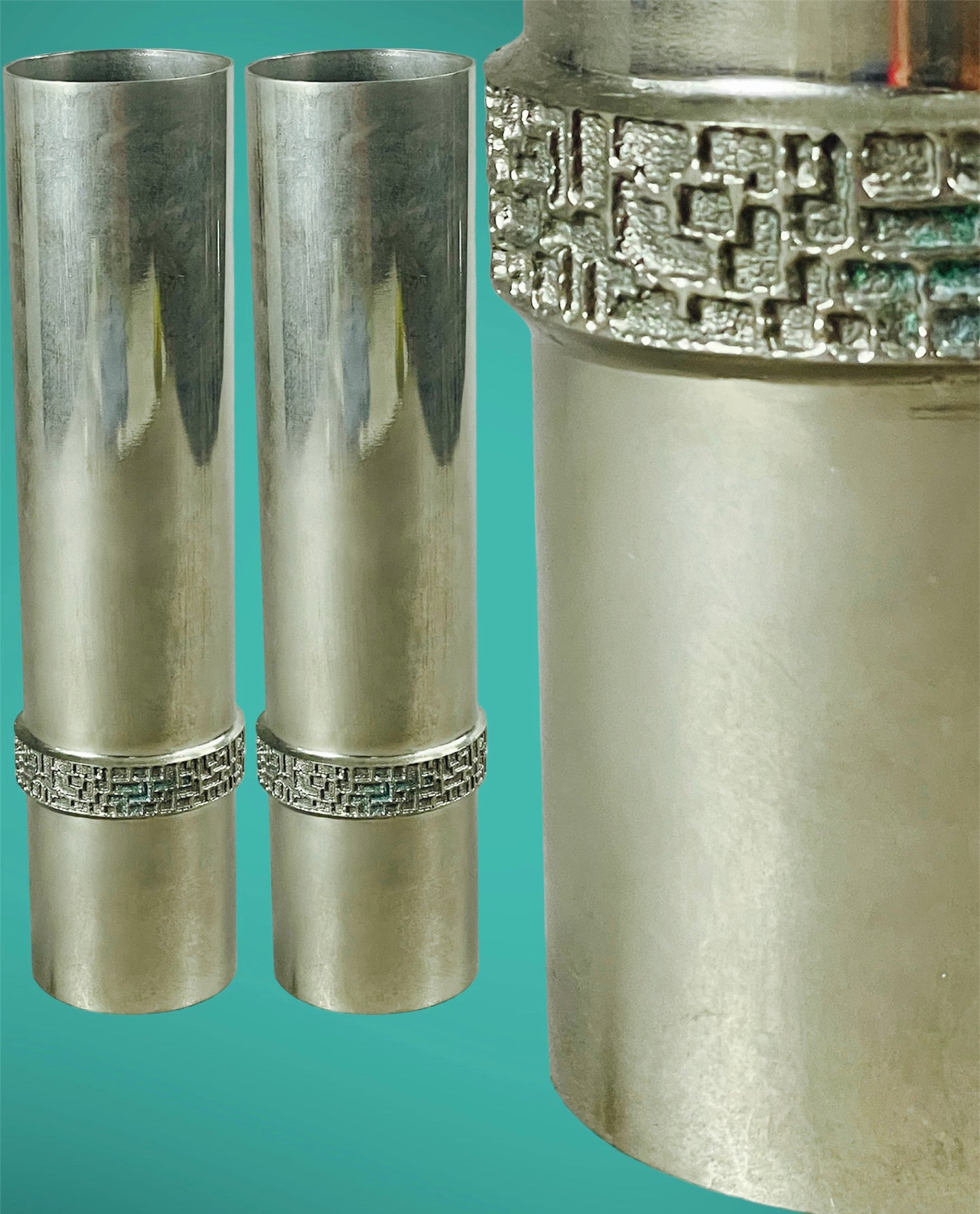 Nickel Plated Cylindrical Vase with Decorative Abstract Band