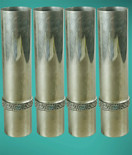 Nickel Plated Cylindrical Vase with Decorative Abstract Band