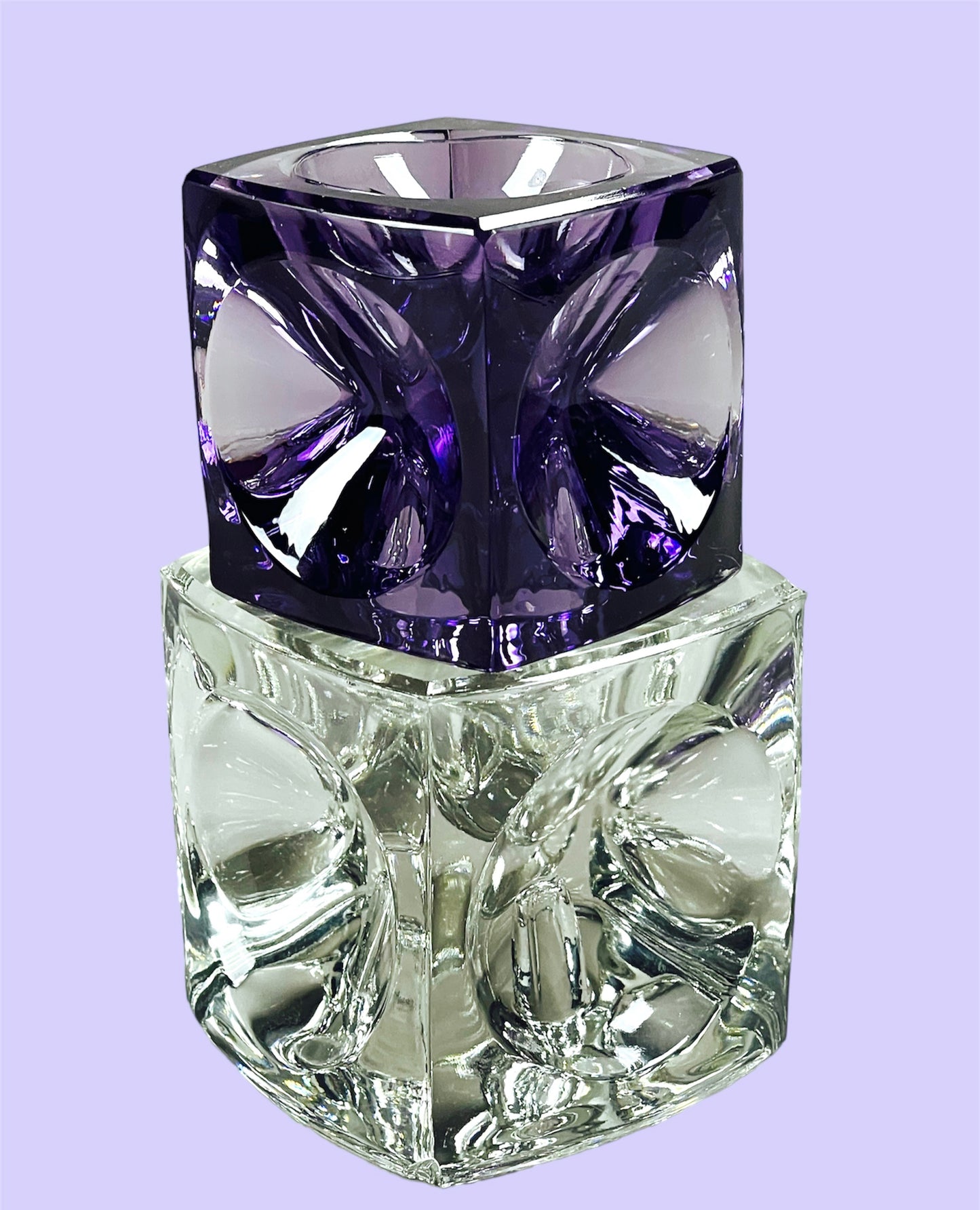 Delicate pressed glass candle holder in amethyst