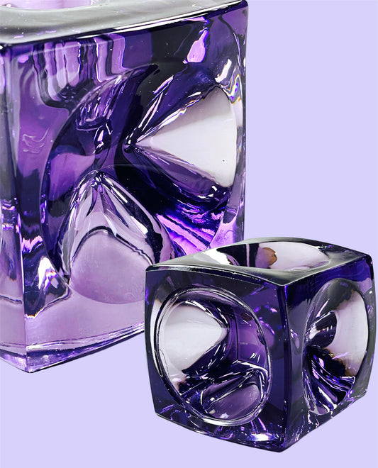 Delicate pressed glass candle holder in amethyst