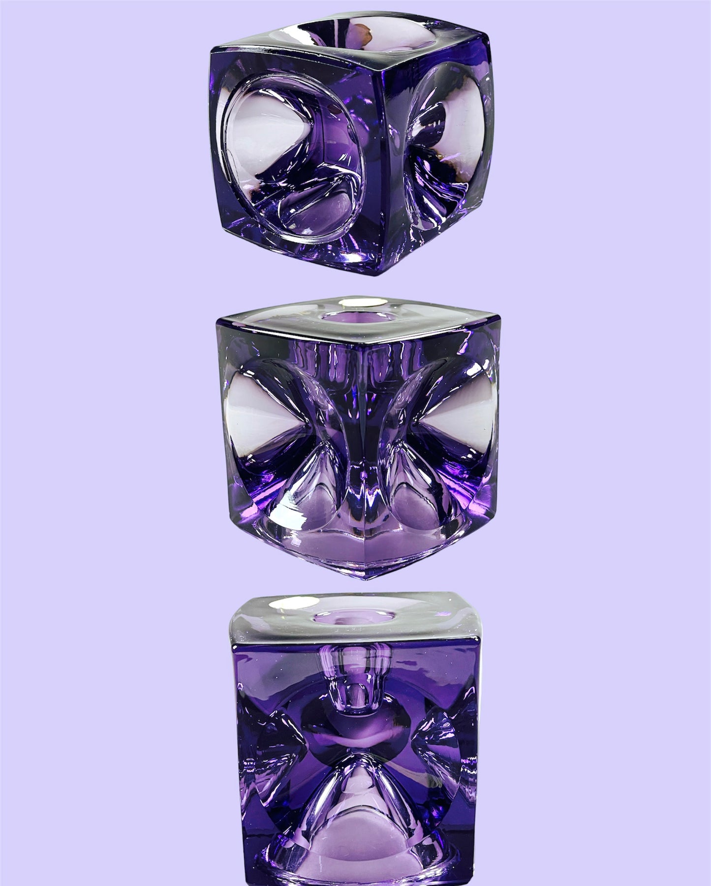 Delicate pressed glass candle holder in amethyst