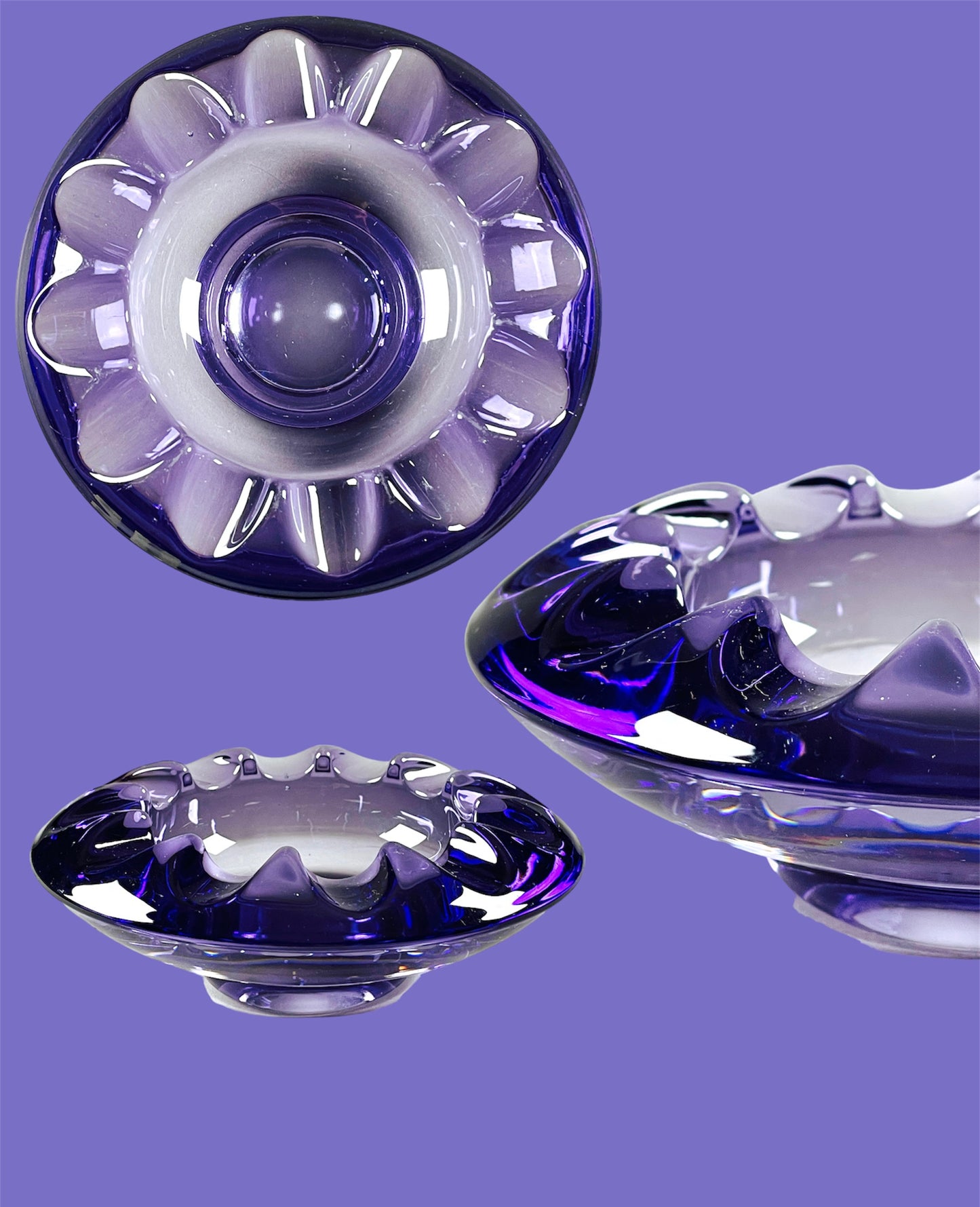 Dynamic pressed glass ashtray in amethyst