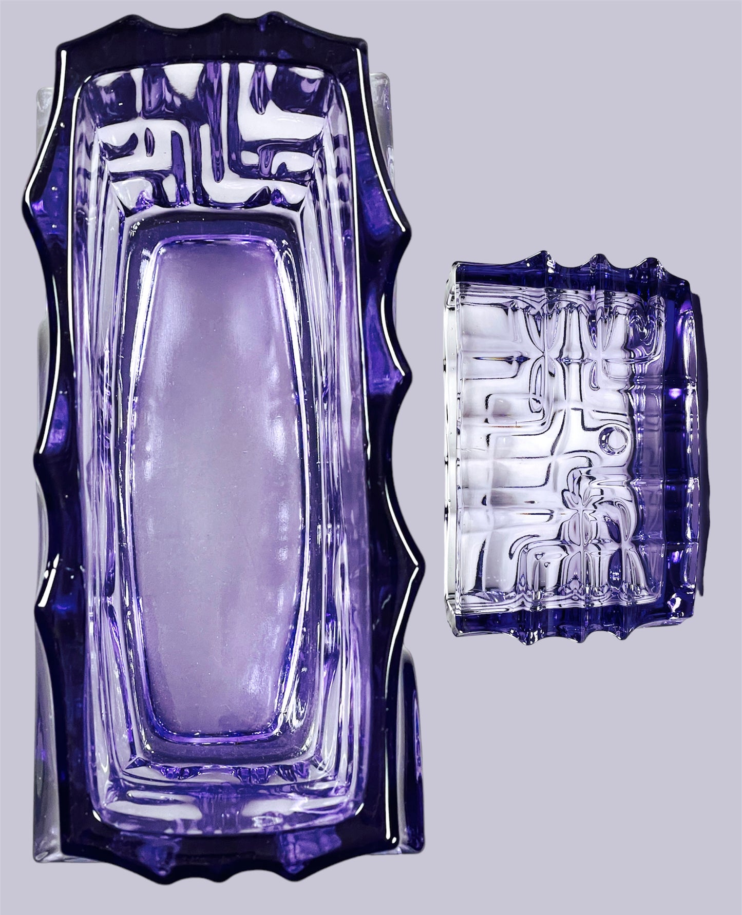 Beautiful, geometric pressed glass jardiniere in amethyst