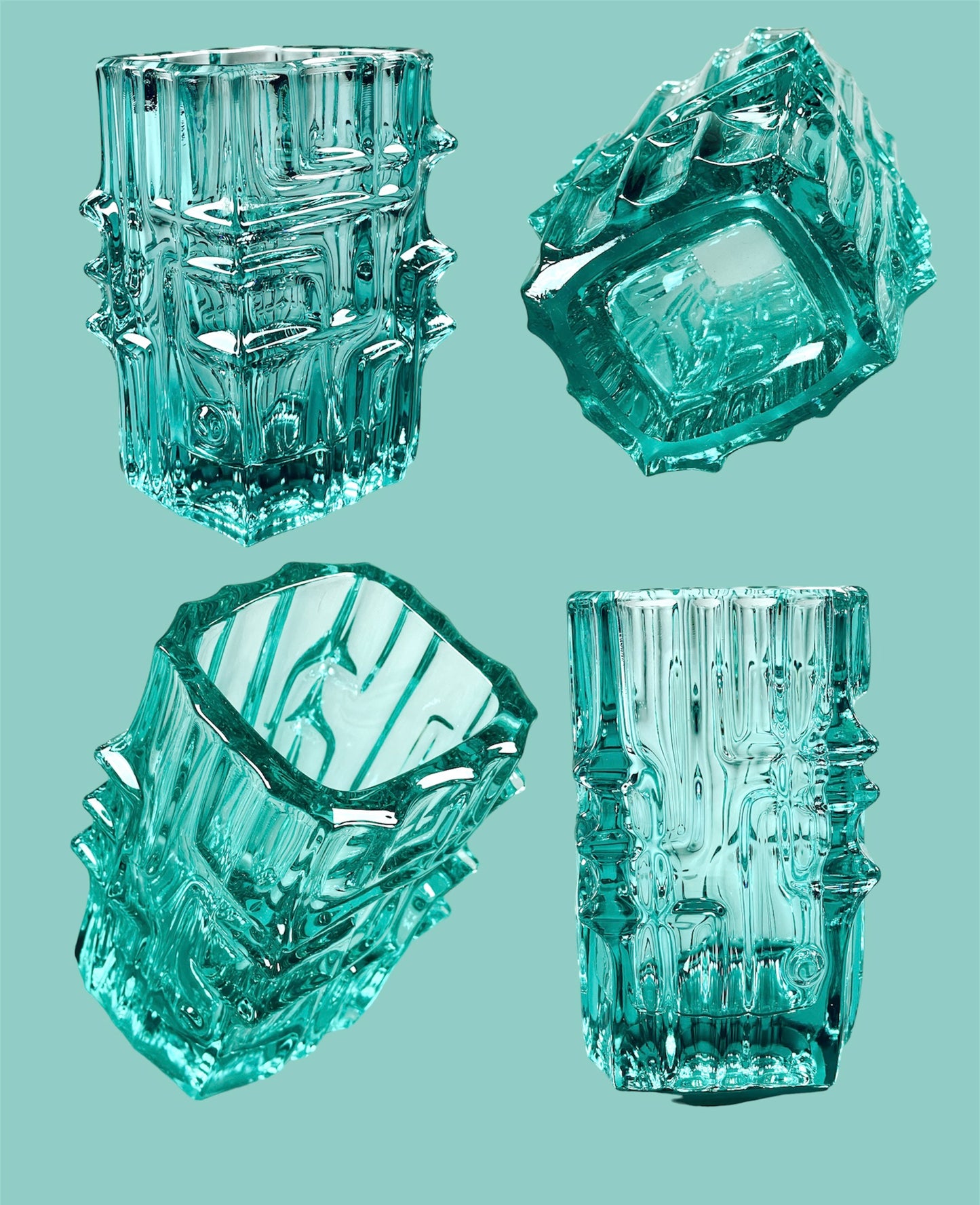 Spiky turquoise pressed glass vase (2 pieces)