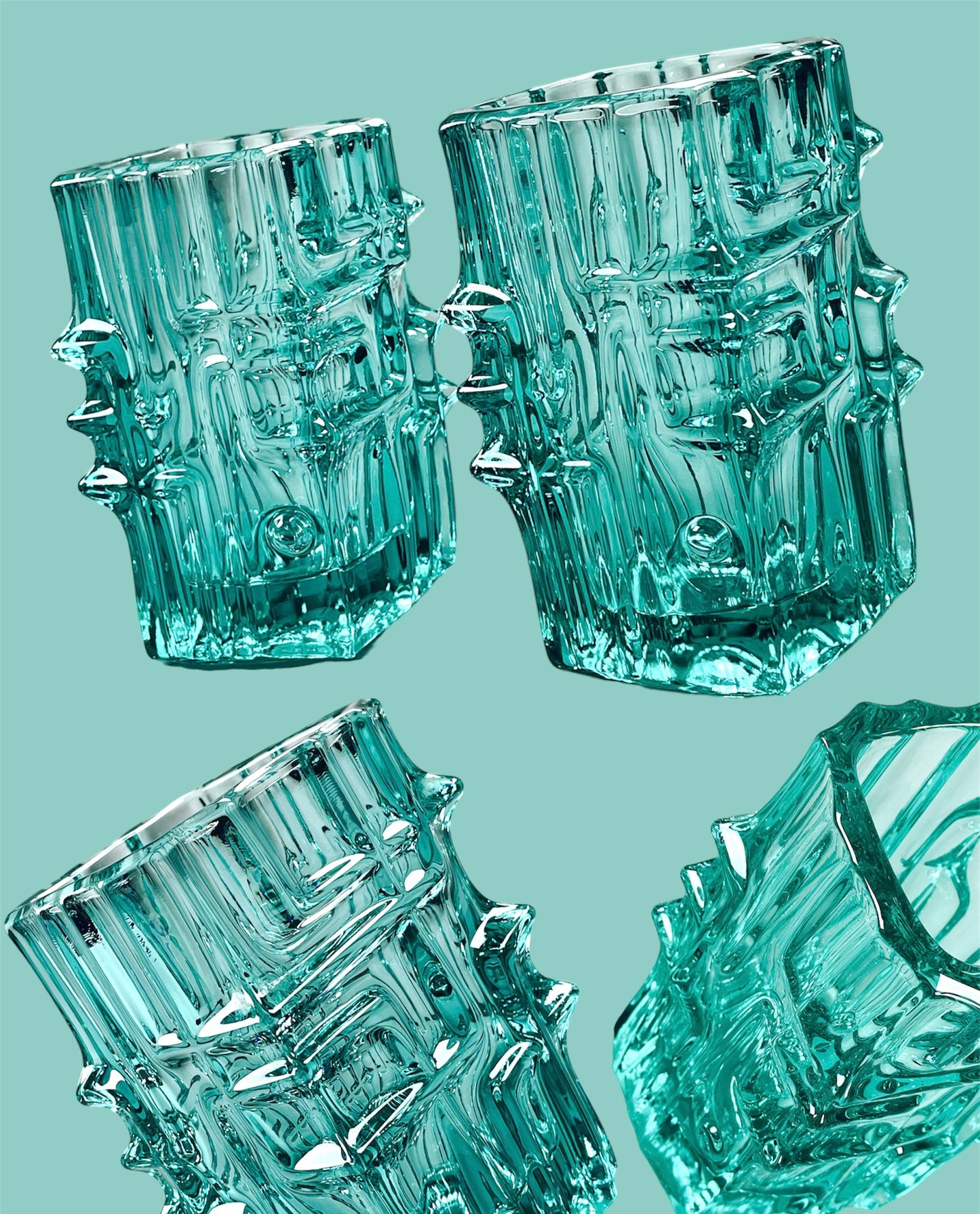 Spiky turquoise pressed glass vase (2 pieces)