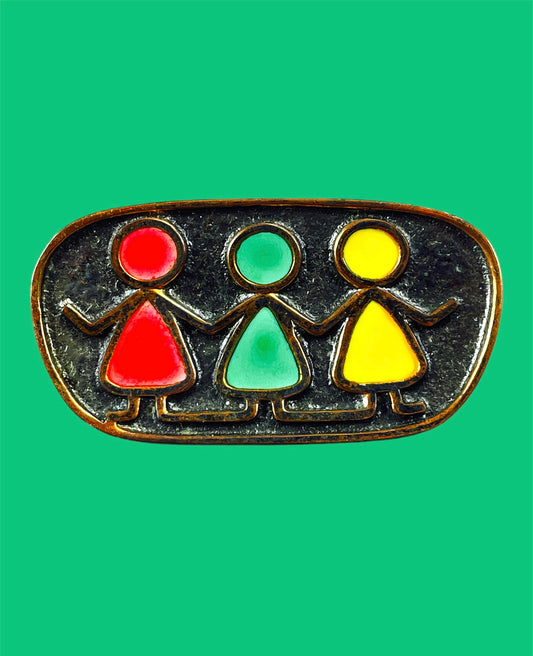 Colorful "Kids" red copper brooch with vibrant red/green/yellow accents