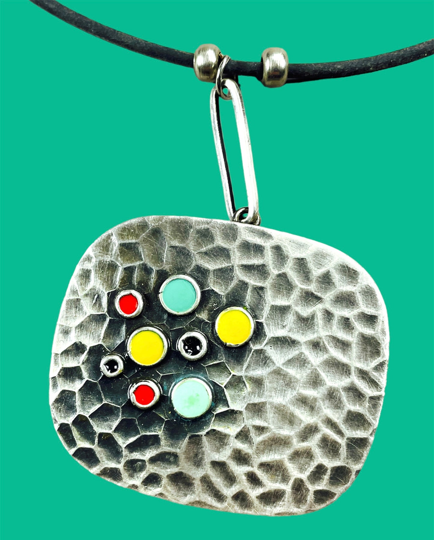 Whimsical "Bubbles" rounded rectangular plate, hammered silver metal with eight colored dots red/black/yellow/mint