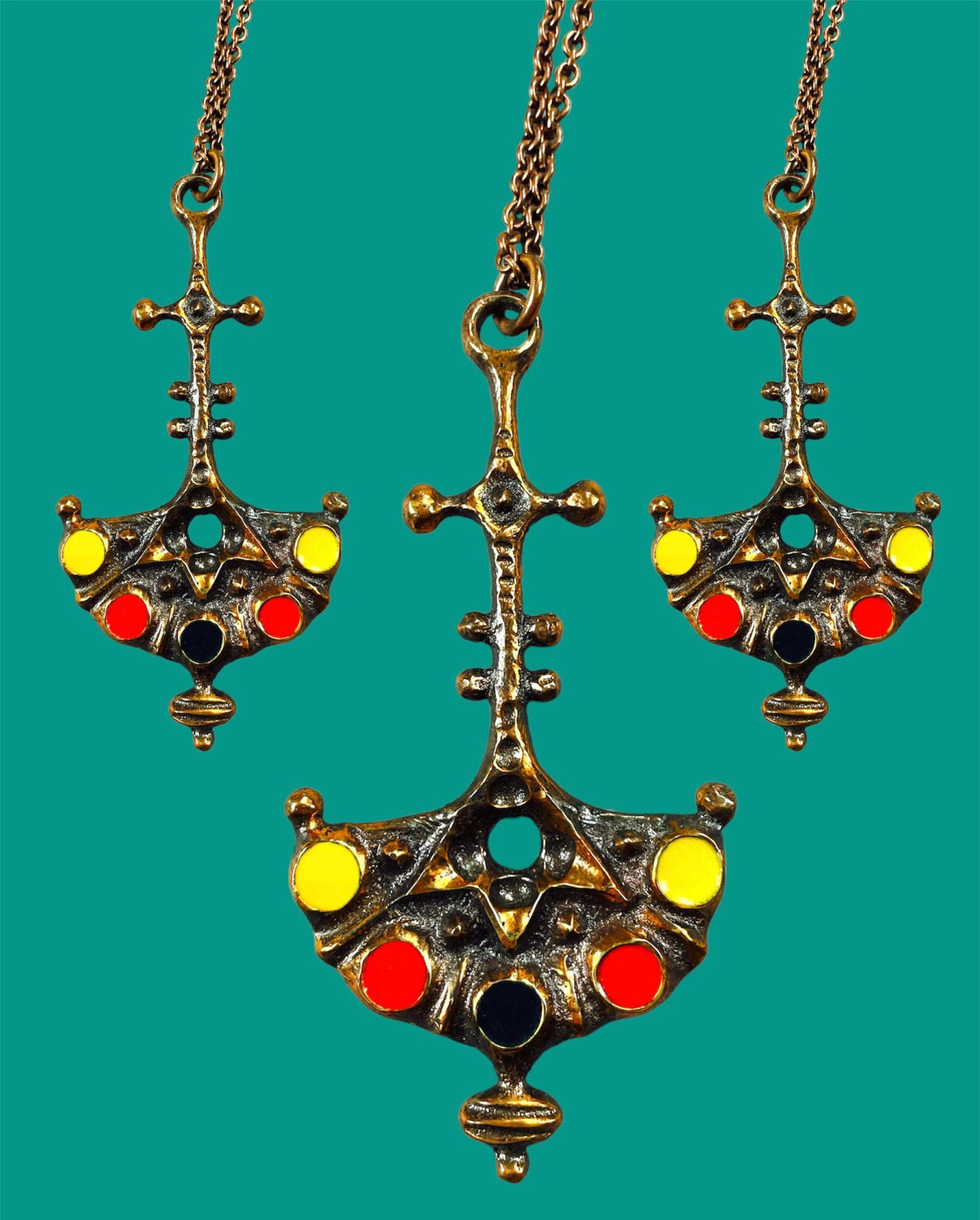 Extraordinary red copper pendant with yellow/red/black enamel decor