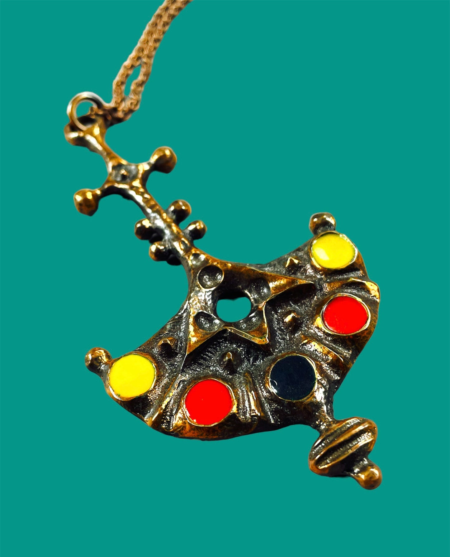 Extraordinary red copper pendant with yellow/red/black enamel decor