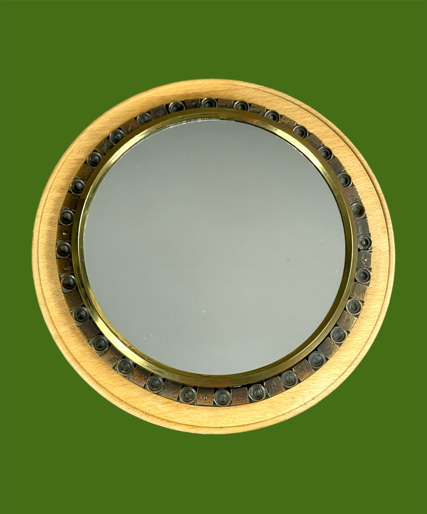 Yellow Copper Round Mirror on Wooden Frame