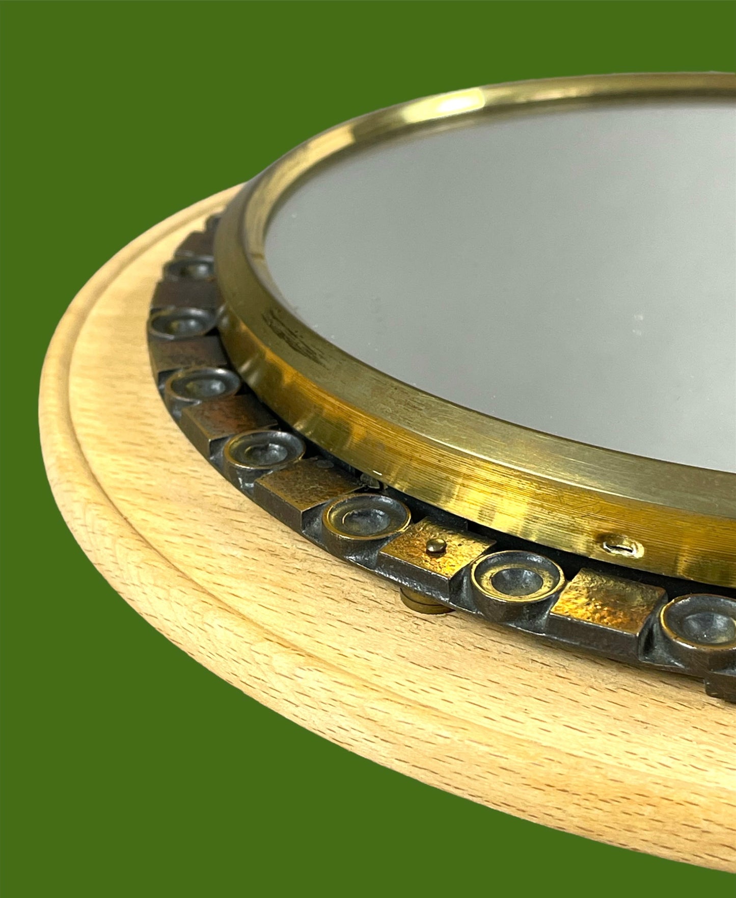 Yellow Copper Round Mirror on Wooden Frame