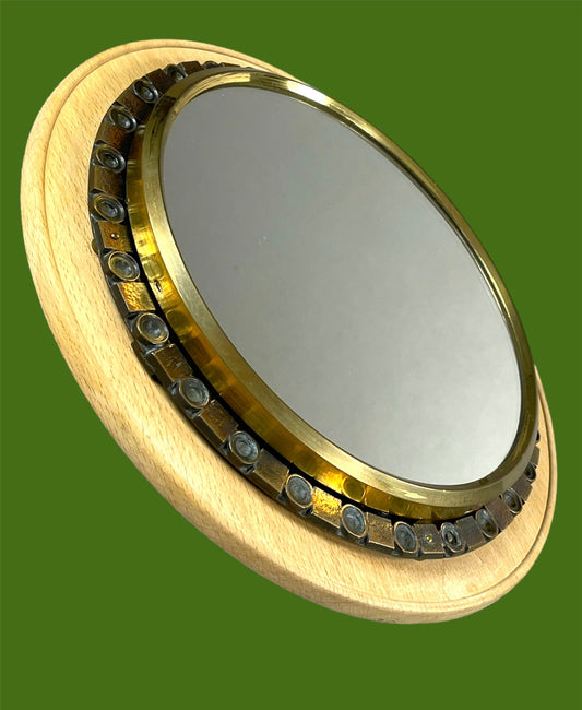 Yellow Copper Round Mirror on Wooden Frame