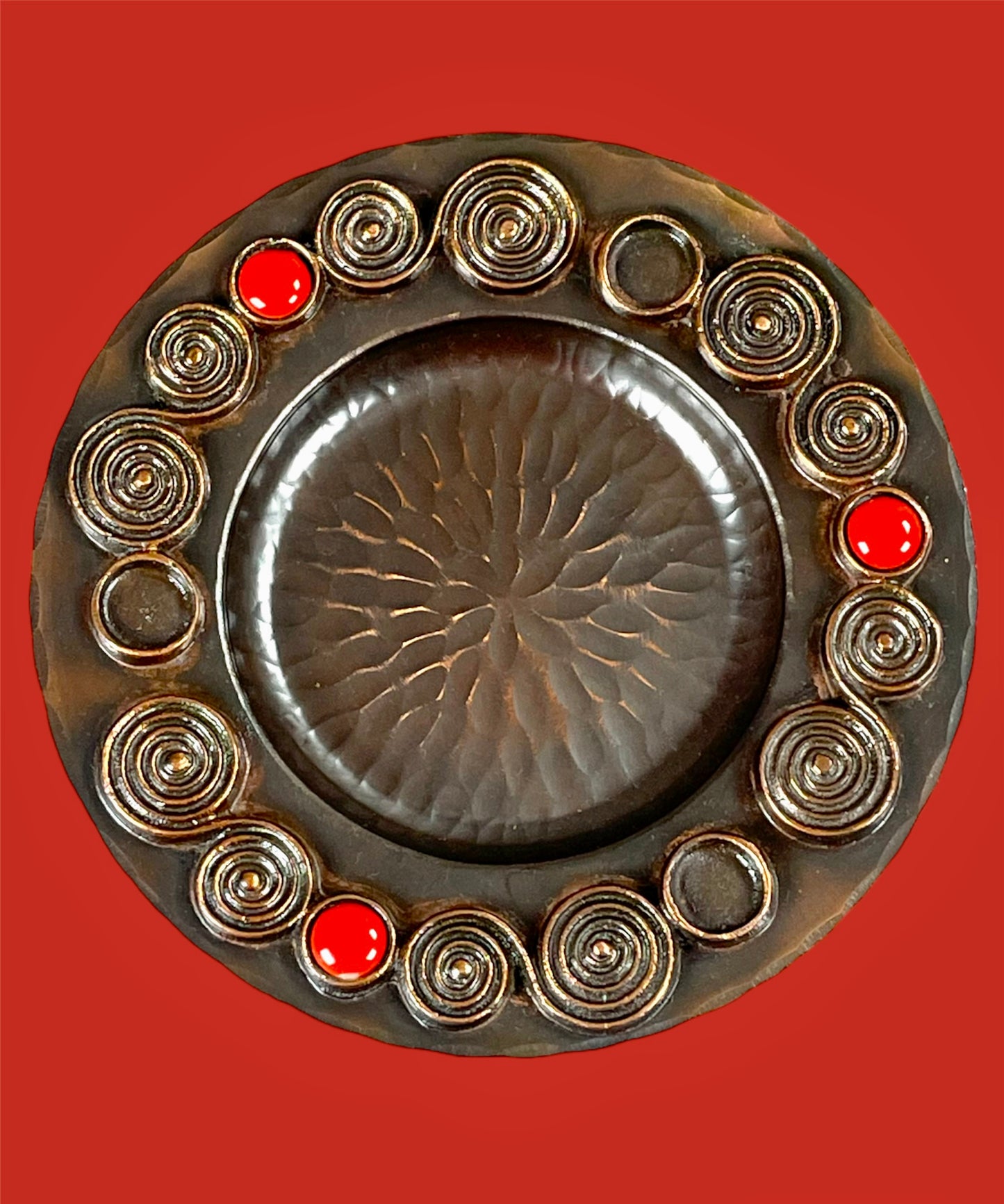 Round Red Copper Tray with Red Enamel Decor
